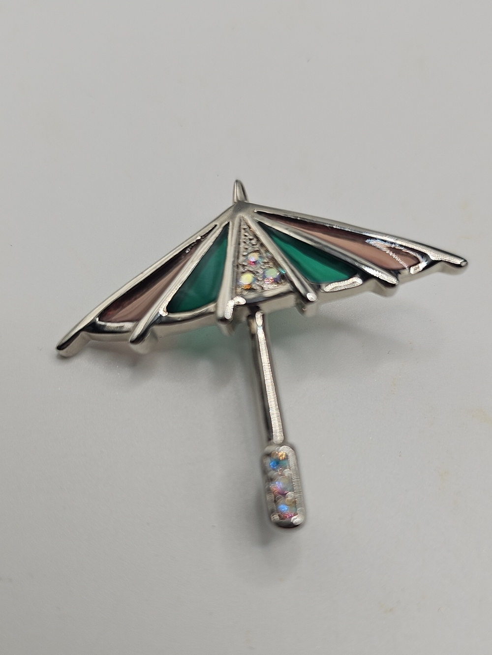 Silver-Tone Umbrella Brooch with Green and Pink Enamel/rheinstones